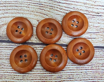 Sweater buttons, Red brown wood buttons, Decorative Wooden coat buttons, Sewing, Round, 25mm,  1 inch, 4 holes, Set of 10 or 20
