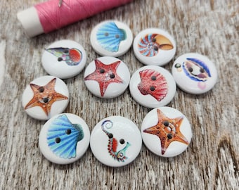 Seashell wooden buttons, Shabby chic sea themed, Novelty wood buttons, Decorative wooden buttons, Mixed , 18mm, 3/4", 2 holes, Set of 10
