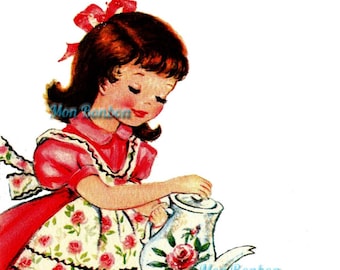 Cute Retro Tea Time Little Girl Illustration .PnG  - DIY Printable - Digital Clip Art - INSTANT DOWNLOAD