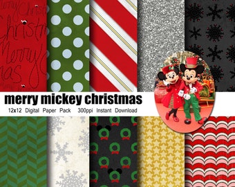 とても楽しいミッキーのクリスマス風 12x12 デジタル ペーパー パック (デジタル スクラップブック、パーティー用品など) - 即時ダウンロード