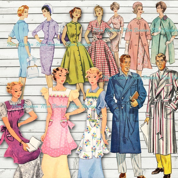 Vintage Sewing Clipart - 50s People Clipart Images - Retro Fashion Illustration - Retro Clipart - Png - Instant Download