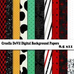 Cruella de Vil Inspired 8.5x11 Digital Paper Backgrounds for Digital Scrapbooking, Party Supplies, etc -INSTANT DOWNLOAD