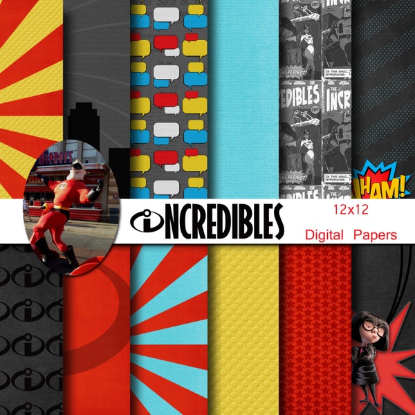 Incredibles Superhero Inspired 12x12 Digital Paper Pack for Digital Scrapbooking, Party Supplies, etc -INSTANT DOWNLOAD -