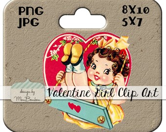 May include: Vintage Valentine's Day clip art featuring a girl on a swing inside a red heart. The girl is wearing a yellow dress and has brown hair. The swing is blue and has two red hearts on it. The image is perfect for scrapbooking, card making, and other craft projects.