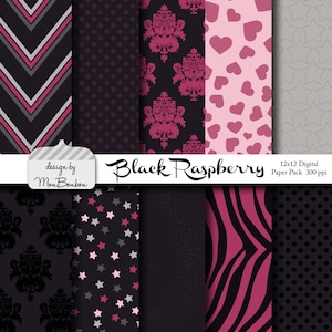 May include: A digital paper pack with 12 different patterns in black, pink, and gray. The patterns include stripes, polka dots, stars, hearts, damask, and zebra stripes. The text "Black Raspberry" and "12x12 Digital Paper Pack 300 ppi" is included in the image.