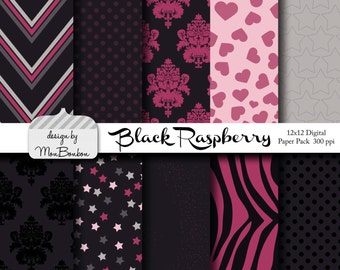 Black Raspberry Digital Paper Pack - 12x12  - Black, Raspberry, Pink, Gray, Dusty Purple - Digital Scrapbooking Paper  INSTANT DOWNLOAD