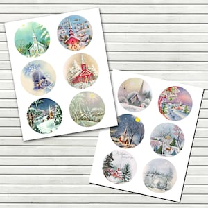 3 inch Circles of Vintage Christmas Churches for Tags - Cupcake Toppers - ornaments - Scrapbooking - DIY Printables - INSTANT DOWNLOAD