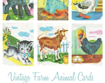 Digital Download Vintage Retro Children's Farm Animal Book Illustrations Collage Sheet - DIY Printable - INSTANT DOWNLOAD