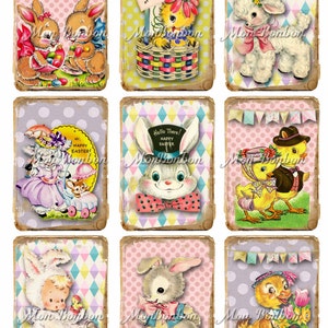 Hoja de collage digital de Pascua vintage - Fiesta infantil retro vintage - Etiquetas y tarjetas imprimibles - Tarjetas con letras de bolsillo - Descarga instantánea