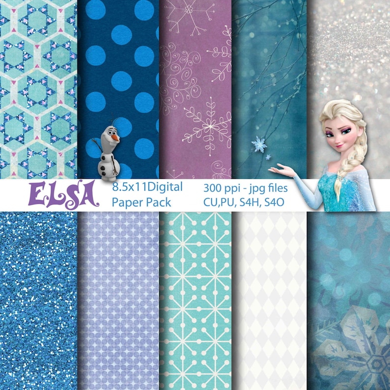 Op de afbeelding: Een digitaal papierpakket met een Frozen-thema. Het pakket bevat 8,5x11 inch digitale papieren met verschillende patronen, waaronder sneeuwvlokken, stippen, glitter en geometrische patronen. De tekst "ELSA 8.5x11 Digital Paper Pack 300 ppi - jpg files CU,PU, S4H, S4O" is zichtbaar op de afbeelding.