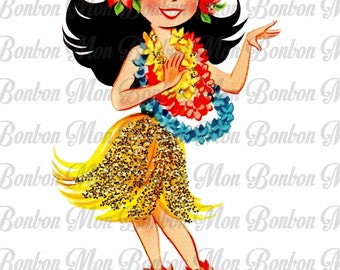 Kitschy Retro Hula Girl - You Print - Image Transfer - T shirts and More - INSTANT DOWNLOAD