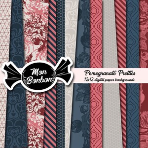 May include: A digital paper pack with 12 different patterns. The patterns include floral, geometric, and striped designs in shades of red, pink, blue, and gray. The text "Pomegranate Pretties 12x12 digital paper backgrounds" is displayed at the top of the image.