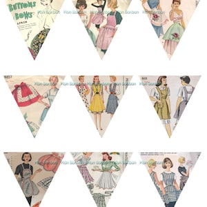 Digital Mini Vintage Apron Sewing Pattern Bunting Banner 2.5 inches - INSTANT DOWNLOAD - DIY