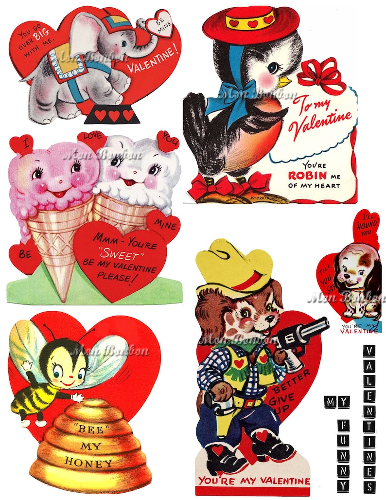 My Funny Valentine Digital Collage Sheet of Vintage and Retro Children/'s Valentines