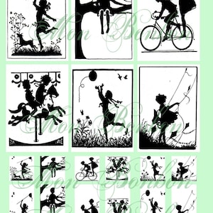 Children at Play Digital Collage Sheet of Silhouette Images and Scenes No. 129 - INSTANT DOWNLOAD