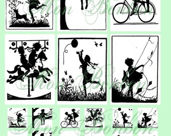 Children at Play Digital Collage Sheet of Silhouette Images and Scenes No. 129 - INSTANT DOWNLOAD