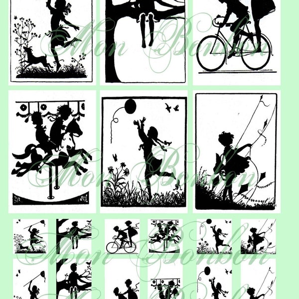 Children at Play Digital Collage Sheet of Silhouette Images and Scenes No. 129 - INSTANT DOWNLOAD