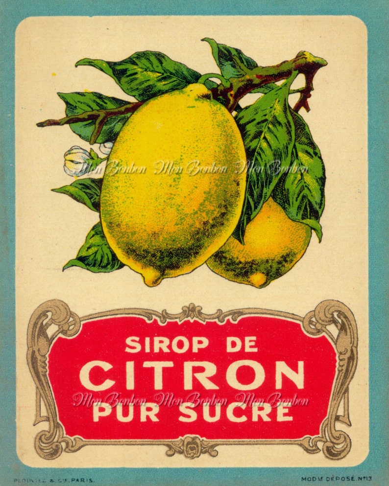 Digital Download of Large 8x10 Vintage French Sirop de Citron Label DIY You Print Art Transfers Instant Download image 1