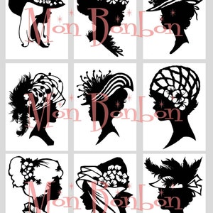 Digital Download Vintage Silhouettes Cameos of Ladies with Hats Collage Sheet ACEO ZNE Black and White