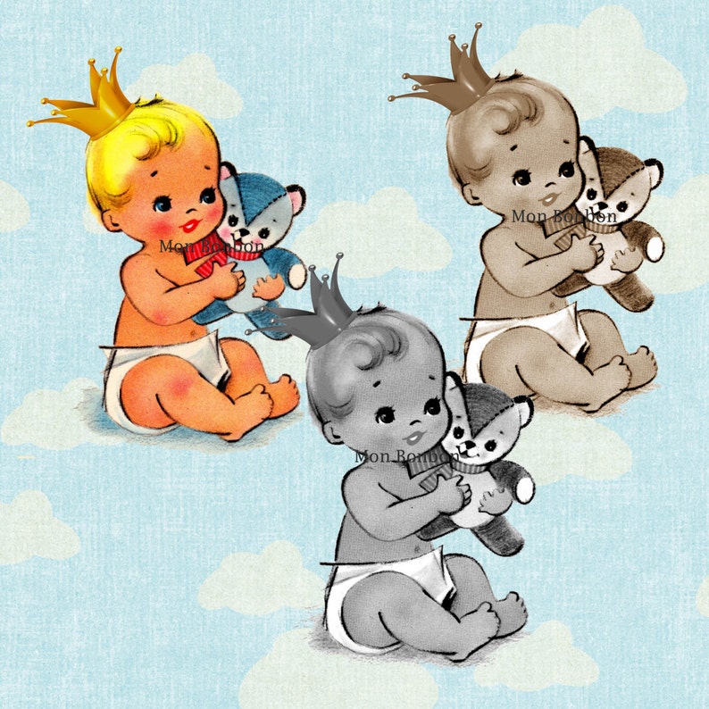 May include: Three illustrations of babies wearing crowns and holding teddy bears. The babies are in different color schemes: orange, brown, and gray.