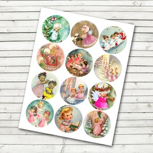 Vintage Retro Christmas Angels  2.5 inch Circles for Tags,Cupcake Toppers, Party Supplies, Scrapbooking - DIY Printables - INSTANT DOWNLOAD