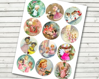 Vintage Retro Christmas Angels  2.5 inch Circles for Tags,Cupcake Toppers, Party Supplies, Scrapbooking - DIY Printables - INSTANT DOWNLOAD