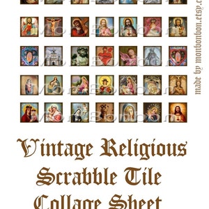 Puede incluir: Una hoja de collage de 36 imágenes religiosas vintage, cada una en un marco cuadrado. Las imágenes representan varios personajes y escenas religiosos, incluyendo Jesús, María y santos. La hoja está titulada "Vintage Religious Scrabble Tile Collage Sheet .75 x .82".