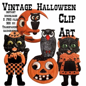 5 Vintage Halloween Clip Art Images .PnG  - DIY Printable - INSTANT DOWNLOAD