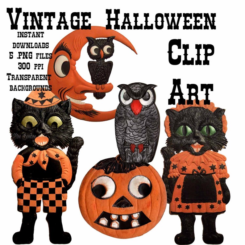 5 Vintage Halloween Clip Art Images .png DIY Printable - Etsy
