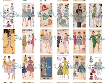 30 Digital 1x2 inch Vintage Sewing Pattern Images - DIY- you print domino jewelry supplies - INSTANT DOWNLOAD