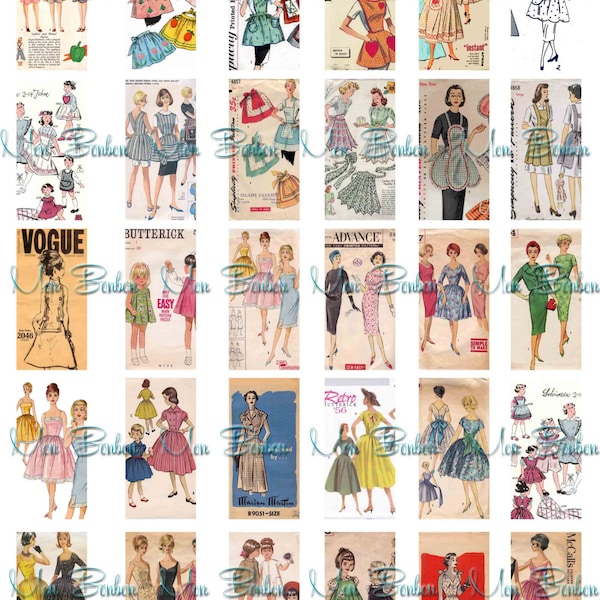 30 Digital 1x2 inch Vintage Sewing Pattern Images - DIY- you print domino jewelry supplies - INSTANT DOWNLOAD