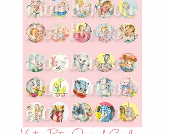 Vintage Retro Baby y animales 1 pulgada CircleCupcake Toppers Digital Collage hoja - DIY para imprimir - descargar INSTANT