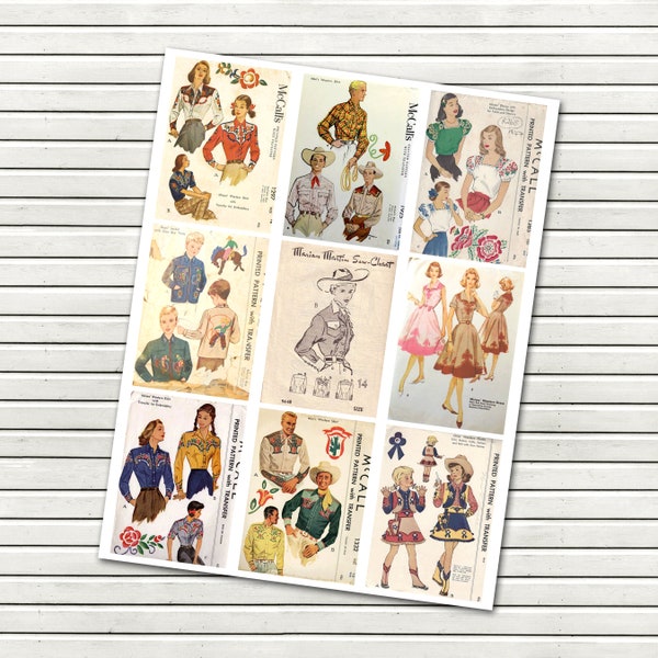 vintage Western Wear Sewing Patterns Tags - Feuille Western Clipart - Cowboys et Cowgirls - Pocket Letter Tags - Gift Tags - INSTANT DOWNLOAD