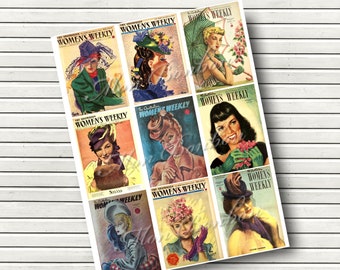 May include: Nine vintage magazine covers featuring women in hats and dresses. The covers are all from the Australian Women's Weekly magazine.