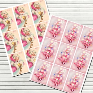 Folha de colagem digital de Papai Noel rosa vintage retrô e árvore de Natal - Duas folhas separadas de cada desenho - DIY para impressão - DOWNLOAD INSTANTÂNEO