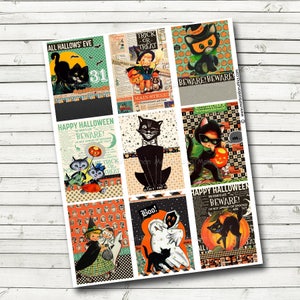 Folha de colagem de cartas de bolso vintage de Halloween - pronta para imprimir - etiquetas penduradas artesanais - ATC retrô de Halloween - download instantâneo - gatos fofos