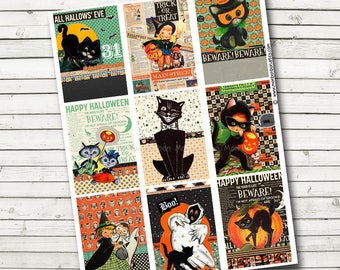 Vintage Halloween Taschenbuchstabe Collage Sheet - Druckfertig - Bastelanhänger - Retro Halloween ATC - Sofortiger Download - Süße Katzen