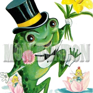 May include: A whimsical illustration of a green frog wearing a black top hat with a yellow band and a bow tie. The frog holds a bouquet of yellow daffodils and a pink flower. Two fairies sit in pink lotus flowers.