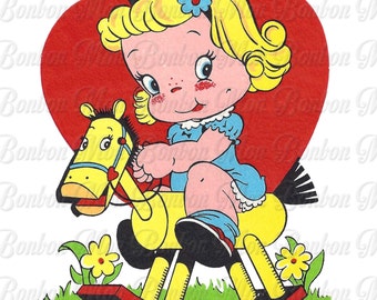 Retro Valentine Girl on a Rocking Horse Clip Art Illustration .PnG and .JPG - DiY Printable - INSTANT DOWNLOAD