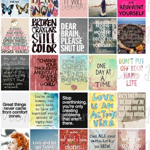May include: A collage of 16 colourful motivational quotes and sayings. The quotes are printed on a white background with black text. Some of the quotes include "Be Here Now", "Change Your Thoughts", "Love is an Action Verb", and "Don't Put Off Your Happy Life".