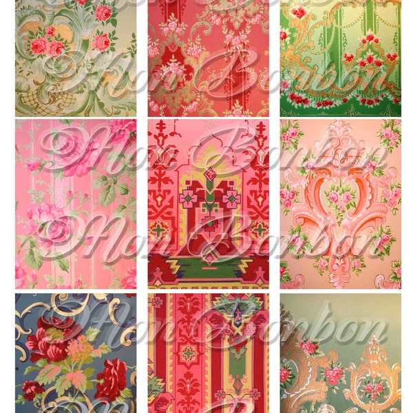 Digital Collage Sheet of Vintage Kitschy  Wallpaper Backgrounds - INSTANT DOWNLOAD