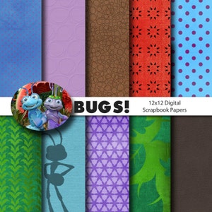 May include: A set of 12 digital scrapbook papers featuring various patterns, including polka dots, circles, leaves, and geometric designs. The papers are in shades of blue, green, purple, brown, and red. The papers are 12x12 inches and are perfect for scrapbooking, card making, and other paper crafts. The text "BUGS!" and "12x12 Digital Scrapbook Papers" is included in the image.