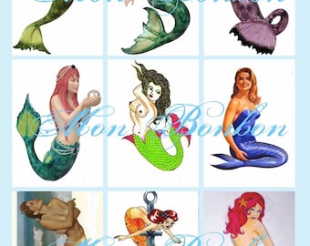 Digital Download of Nine Marvelous Mermaids Collage Sheet  - DIY Printable - INSTANT DOWNLOAD
