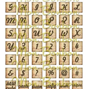 May include: A set of 36 vintage-style alphabet and number scrapbook paper squares with a brown background and a map-like design. The letters and numbers are in a brown script font. The squares are arranged in a grid pattern. The words "sew cute", "create", "dream", "crafty", "wish", and "inspire" are also included in the set.