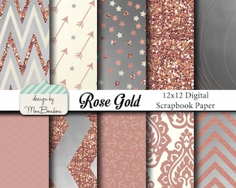 Rose Gold Digital Paper Backgrounds Pack - 12x12  -Rose, Cream, Silver, Metallic- INSTANT DOWNLOAD