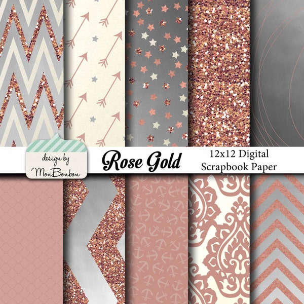 Rose Gold Digital Paper Backgrounds Pack - 12x12  -Rose, Cream, Silver, Metallic- INSTANT DOWNLOAD