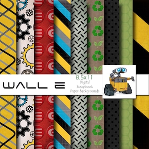 Puede incluir: Un conjunto de 10 papeles digitales para scrapbooking con varios patrones inspirados en la película WALL-E. Los patrones incluyen engranajes, rayas y símbolos de reciclaje. Los papeles miden 8,5 x 11 pulgadas.