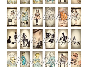 Vintage Children's Book Illustrations Collage Sheet Digital Download of 24 1x2 Inchies Collage Sheet - DIY Printable - INSTANT DOWNLOAD
