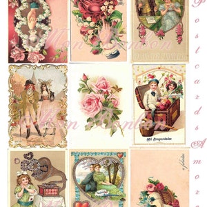 Digital Download of 9 Vintage Valentine Postcards  Amore  AtC sized - DIY Printables - INSTANT DOWNLOAD