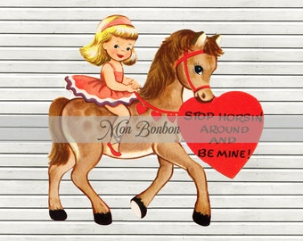 Vintage Retro Valentine Girl on a Horse -  Tiered Tray decor - Pocket Letter Cards - Valentine Clipart - Horse Valentine - INSTANT DOWNLOAD